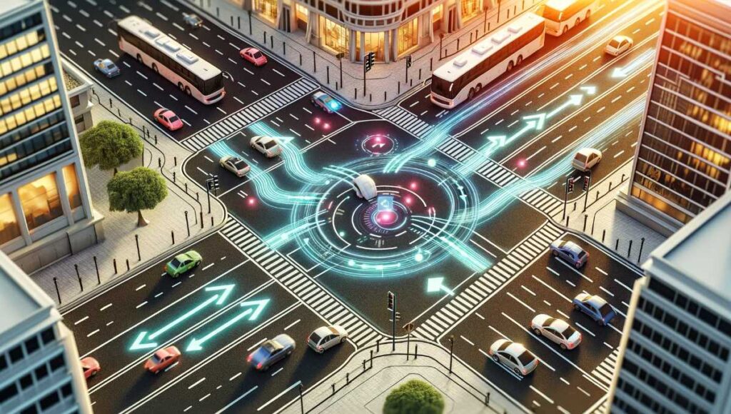 Illustration Of Traffic Control By Ai
AIによる交通流の最適化プロセスを示す図
