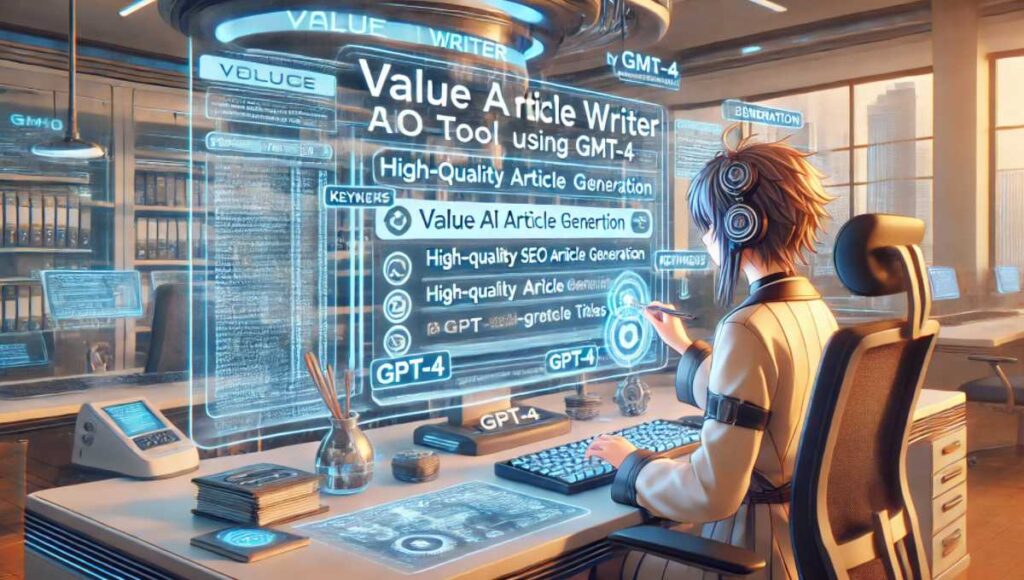 Value AI Writer by GMOは、GPT-4を使用した高品質SEO記事生成AIツールです。キャラクターが未来的なコンピュータインターフェースと対話し、キーワードを入力し、AIが提案するタイトルを選択するシーンが別の角度から描かれています。インターフェースには詳細なテキスト生成プロセスがホログラフィック要素と洗練されたデザインで表示されています。キャラクターのAIツールとの対話が強調され、技術の効率性と洗練さがより鮮明に示されています。