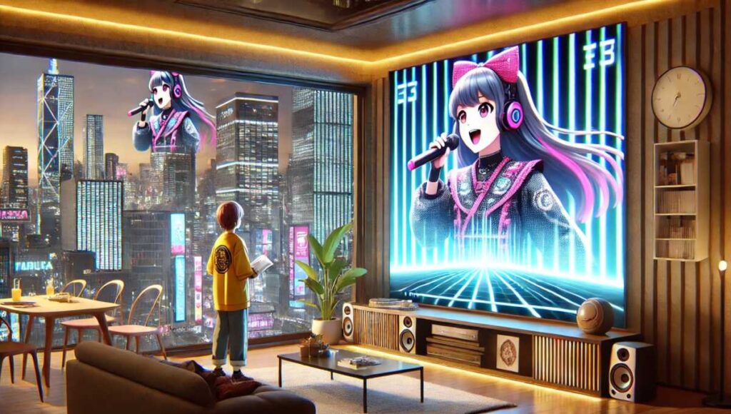 現代的な都会の部屋でバーチャルアイドルのパフォーマンスを大きなモニターで見ている。高品質なライブパフォーマンスを自宅で楽しむ興奮が伝わる。