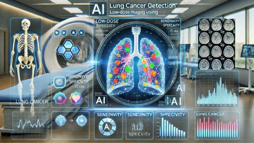 AI技術を活用した医療画像診断の進歩を示す画像。中央にはAIによる肺がん検出のプロセスが描かれ、低線量胸部CTスキャンの解析結果が視覚的に表示されています。周囲にはAIモデルの感度や特異度を示すデータも表示され、AIがどのように従来の診断精度を向上させているかが示されています。