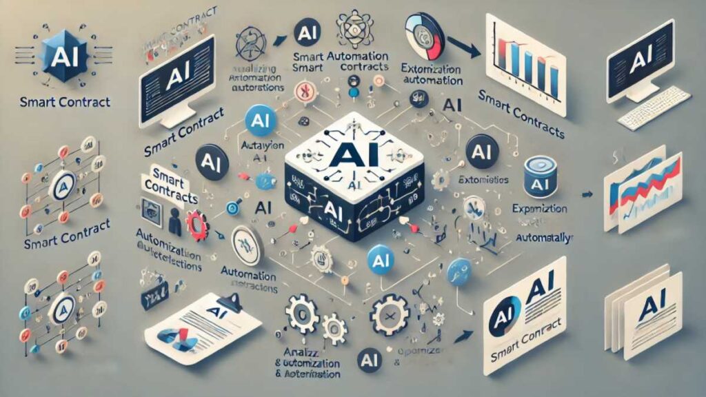 スマートコントラクトの自動化と最適化におけるAIの役割を説明するインフォグラフィック。スマートコントラクトの視覚的表現と、AIアルゴリズムがタスクを自動で分析・実行する様子が描かれています。データと意思決定の流れを示す矢印やラベルがあり、AIがプロセスを最適化する仕組みをわかりやすく解説するデザインです。