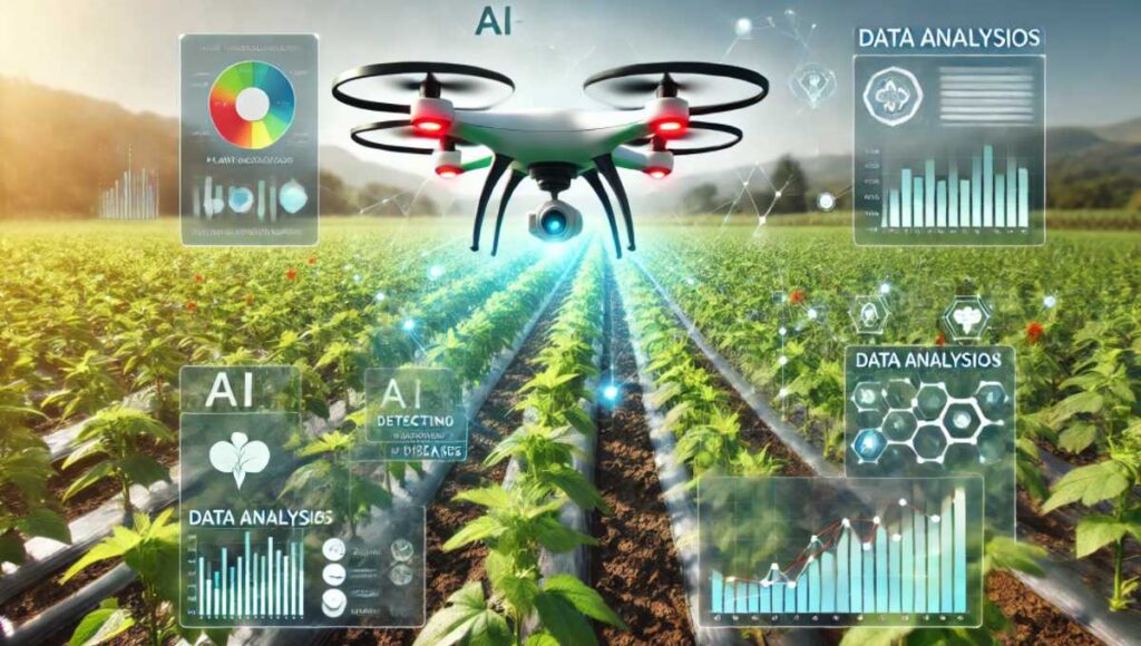 農場の上空を飛ぶAI搭載のドローンが、植物のストレスや病気を検知しているシーン。ドローンからの視点で、植物の健康状態がデータ解析グラフやヒートマップとして表示されている。