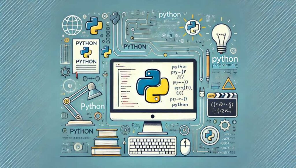 Pythonプログラミングの基礎を学ぶための象徴的なイメージ。Pythonのロゴ、コードのライン、Pythonスクリプトが表示されたコンピュータや教育の象徴（本や電球など）を含む、技術的で教育的な雰囲気のデザイン。