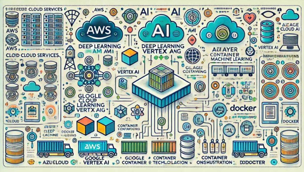 クラウドサービスとコンテナ技術の概要を示す図。AWS Deep Learning AMI、Google Cloud Vertex AI、Azure Machine Learningの主要機能を比較し、クラウドベースのAIソリューションのセキュリティとコスト管理の重要性を強調している。