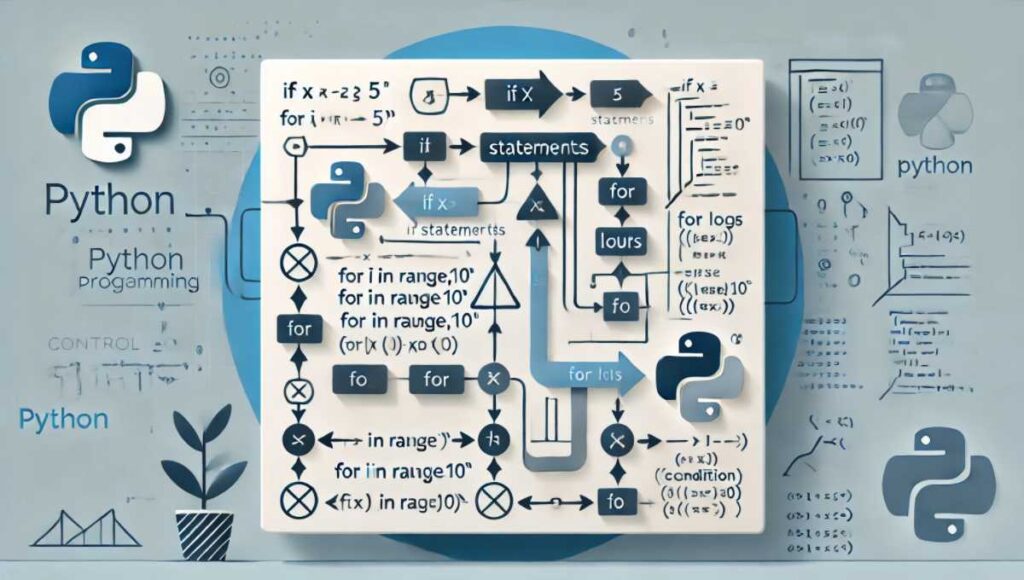 Pythonの制御構造（if文、forループ、whileループ）の基本的な使い方を示すフローチャート。条件のチェックとその後のアクションが視覚的に示されている。