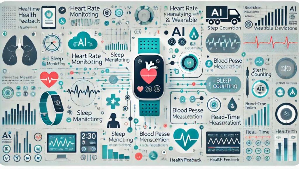 AIとウェアラブルデバイスによる健康管理の機能を示す図。心拍数モニタリング、睡眠解析、運動量追跡などの機能が表示されています。