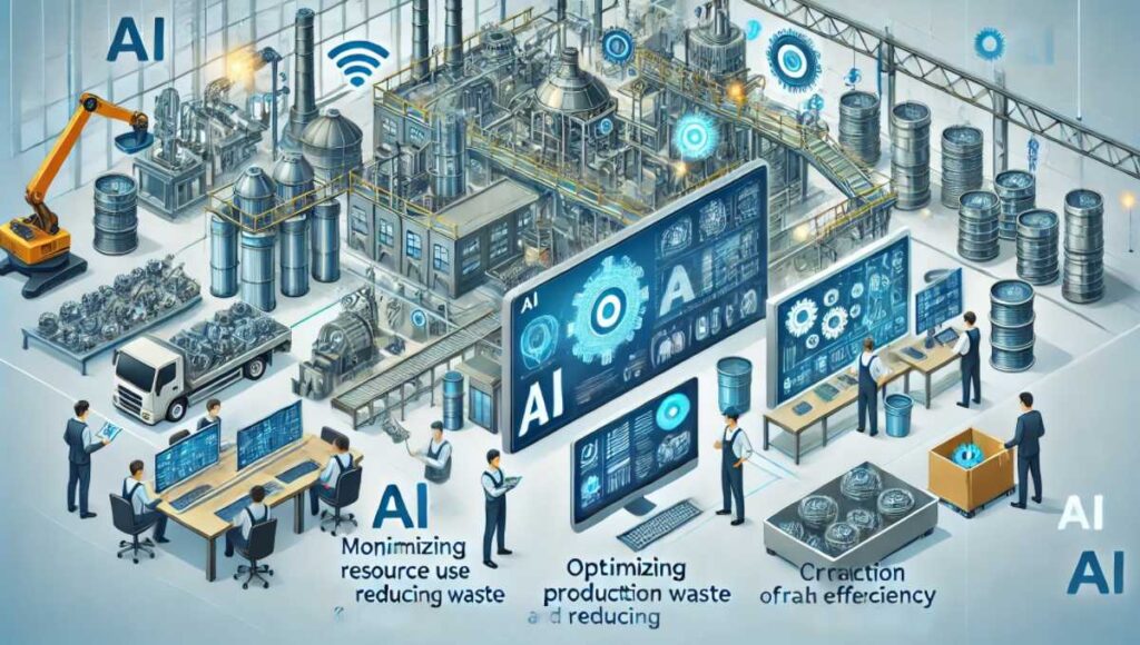 AIが資源の利用効率を高め、廃棄物を削減する製造業のイラスト。先進的な機械とセンサーを備えた現代的な工場が描かれ、リアルタイムデータを監視するAIアルゴリズムが生産プロセスを最適化し、効率的なメンテナンススケジュールを作成しています。