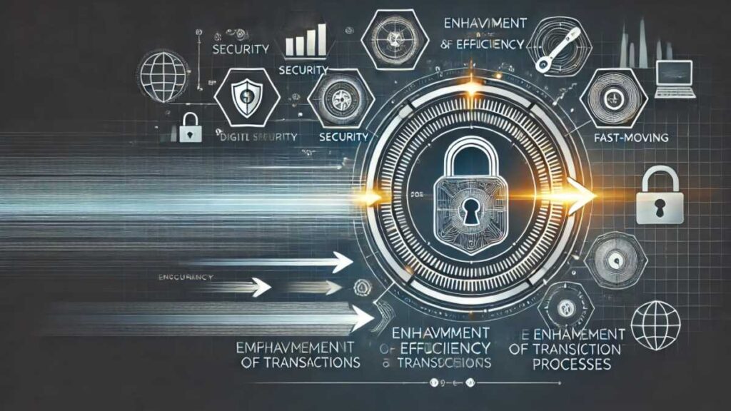 トランザクションのセキュリティと効率性の向上を示すインフォグラフィック。セキュリティを象徴するデジタルロックやシールドと、効率性を示す高速なデータストリームや矢印が描かれています。ラベルや矢印を使って、トランザクションプロセスの改善をわかりやすく説明するデザインです。