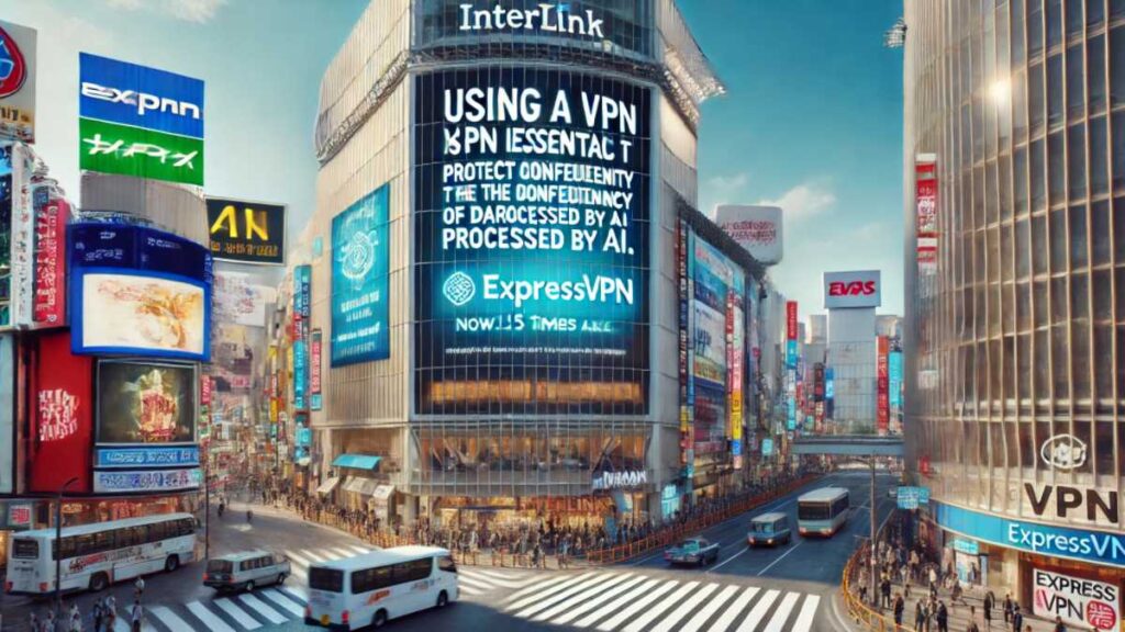 看板には、「AIが処理するデータの機密性やプライバシーを保護するためには、VPNの利用が不可欠です」というメッセージが表示されています。