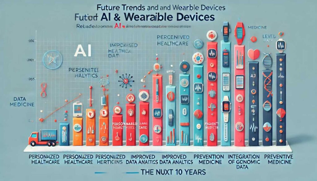 AIとウェアラブルデバイスの技術進化と未来のトレンド予測を示すグラフ。データ解析能力の向上、個別化医療の進展、予防医療の強化などが予測されています。