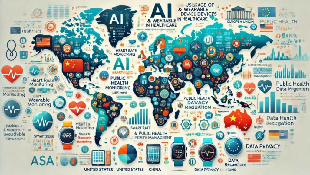 世界各国におけるAIとウェアラブルデバイスの利用状況を示す地図。アメリカ、中国、EU各地域での主要デバイスと特徴が記されています。