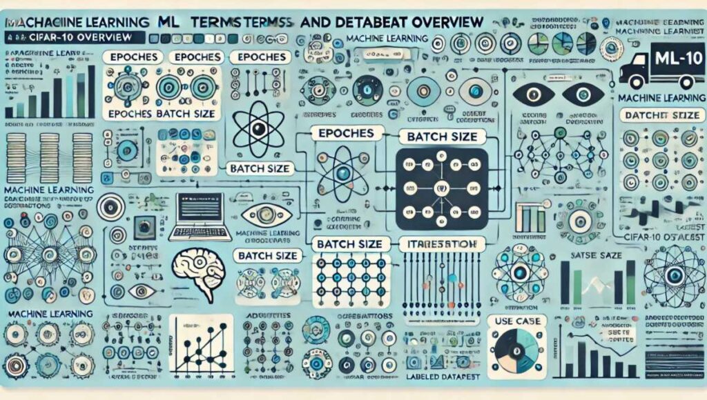 エポック、バッチサイズ、反復の違いを説明する図と、CIFAR-10データセットの詳細な説明を含む。図を使って用語の関係性とデータセットの特性を視覚的に理解できるようにしている。