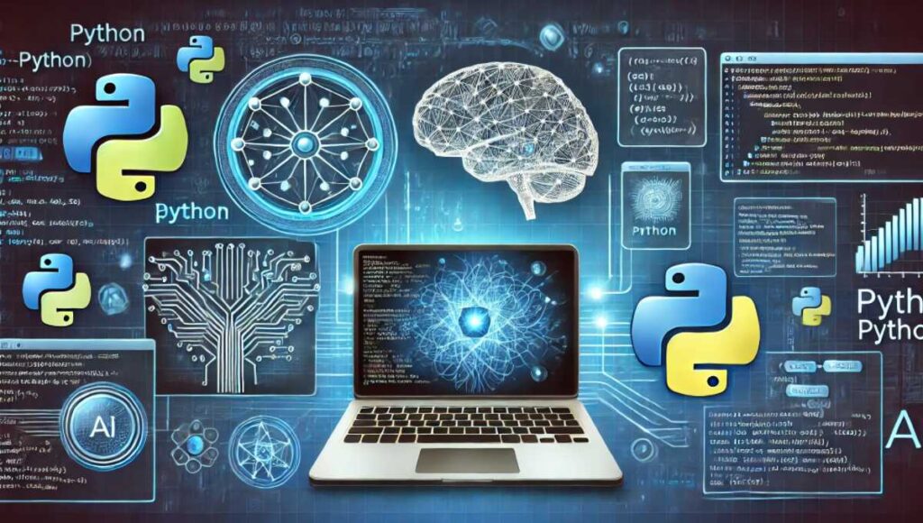 PythonでAIプログラミングを始めるための象徴的なイメージ。Pythonのロゴ、ニューラルネットワークの図、AIアルゴリズムに関連するコードスニペット、Pythonコードを表示するノートパソコンの画面を含む、デジタルで未来的な雰囲気のデザイン。