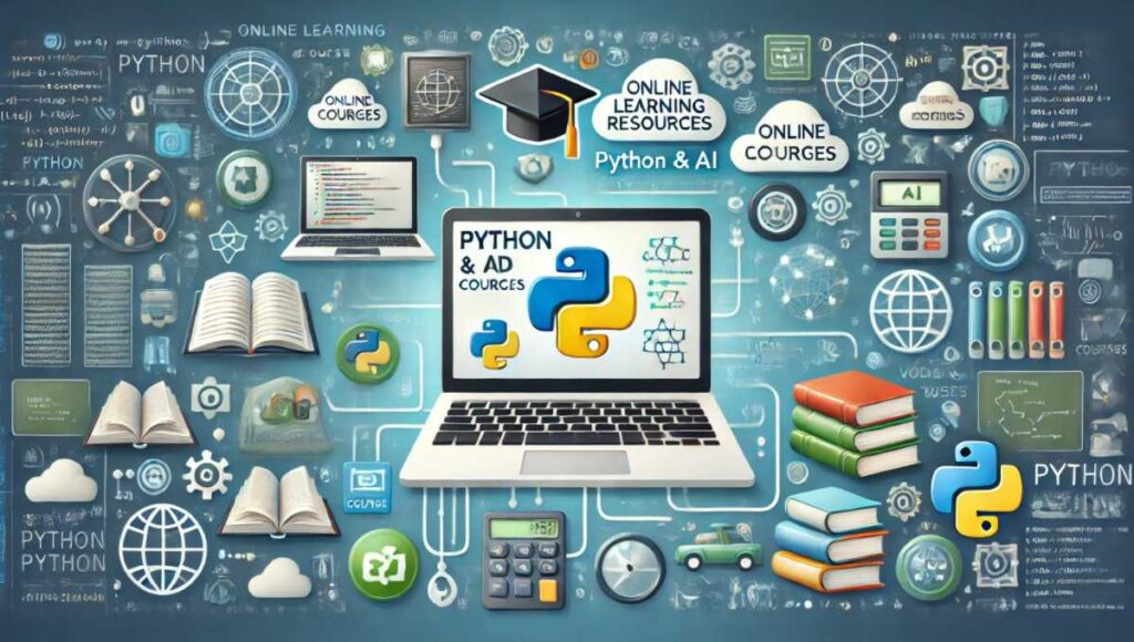 PythonとAIプログラミングのためのオンライン学習リソースの活用を示す象徴的なイメージ。オンラインコースを表示するノートパソコンや教育の象徴（本や卒業帽子）、デジタル学習プラットフォームのアイコン（ビデオチュートリアルやコーディング演習など）を含む、デジタルで教育的な環境を示すデザイン。