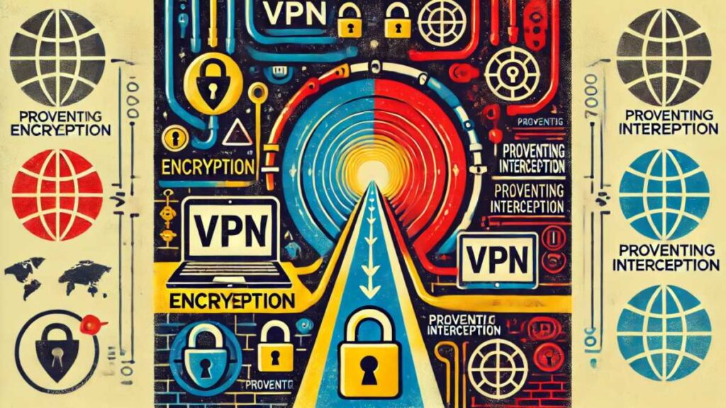 VPN、暗号化、データ傍受防止の概念を表現。中央にデバイスとインターネットをつなぐ暗号化されたトンネルが描かれています。トンネル内には、データの安全性を示す鍵や暗号化シンボルが含まれております。