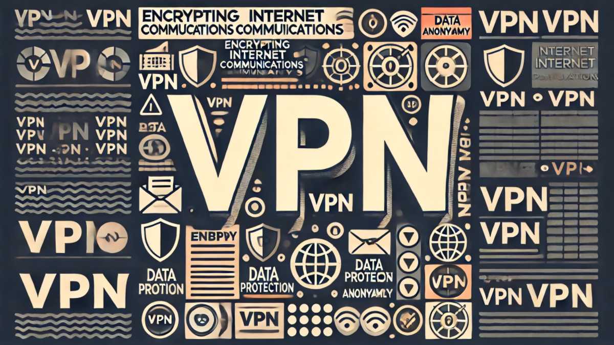 「VPN」の文字を中心に大きく表示。背景には、インターネット通信の暗号化、データ保護、匿名性を象徴する要素が含まれており、オンラインセキュリティの重要性を表現。クリーンでインパクトのあるデザイン。