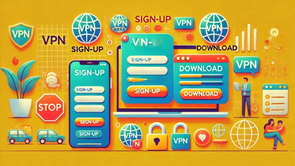 VPN導入の具体的な手順として「サインアップ」と「ダウンロード」を視覚的に表現。鮮やかな黄色の背景に、VPNサービスのサインアッププロセスとダウンロードボタン、または進行バーが描かれています。VPNの導入がいかに簡単であるかを強調。セキュリティ、プライバシー、インターネット接続に関連するアイコンやシンボルが背景に組み込まれています。