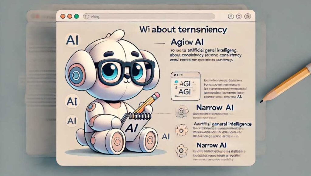 用語の定義と一貫性に関する注意の下に配置する親しみやすいAIキャラクターのイラスト。眼鏡をかけたロボット犬が、ノートと鉛筆を持ち、思慮深い表情をしています。隣のホログラフィックスクリーンには、「AGI（Artificial General Intelligence）」や「Narrow AI」といったAIの用語の説明が表示されています。