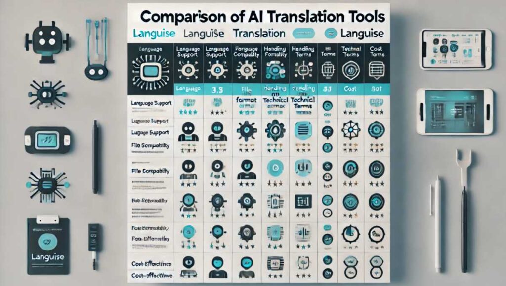 Languiseと他のAI翻訳ツールの機能を比較する表。対応言語、ファイル形式のサポート、専門用語対応力、コストパフォーマンスの各項目で比較します。