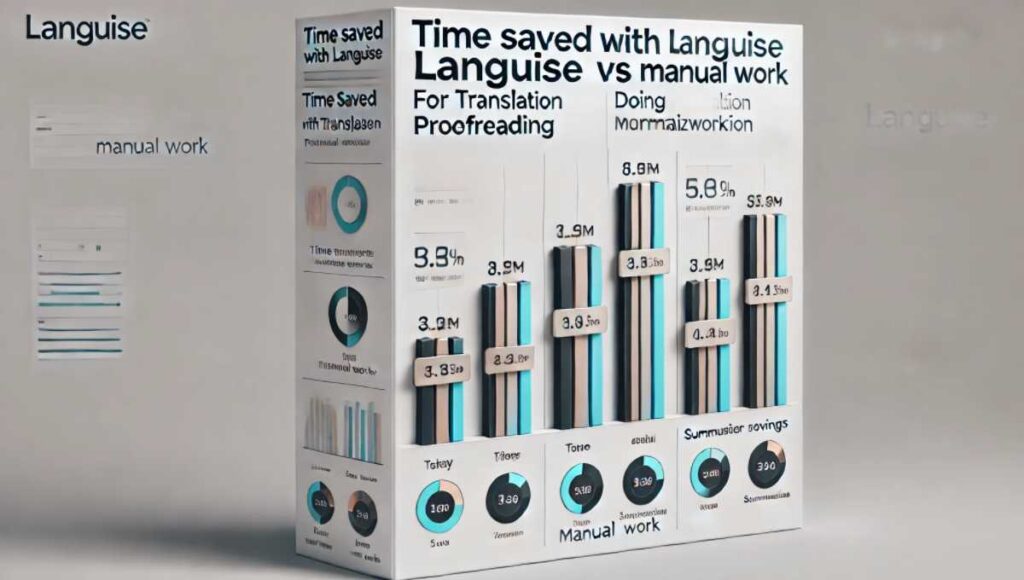 言語を使用した場合と手動で作業した場合の時間を比較した棒グラフ。翻訳、修正、要約の各作業での時間短縮効果が示されている。