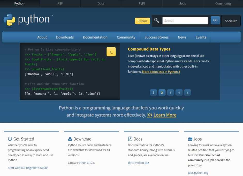 Python公式サイトのスクリーンショット。