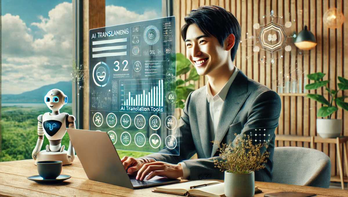AI翻訳ツールを比較している画像。ノートパソコンには翻訳ツールのアイコンや性能チャートが表示されている。落ち着きのある暖かい雰囲気が感じられる。