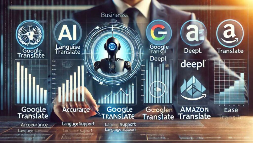 主要なAI翻訳ツールの比較を示す画像。Languise、Google翻訳、DeepL、Amazon Translateのアイコンが並び、精度、対応言語数、使いやすさなどの性能がグラフやチャートで視覚的に比較されている。