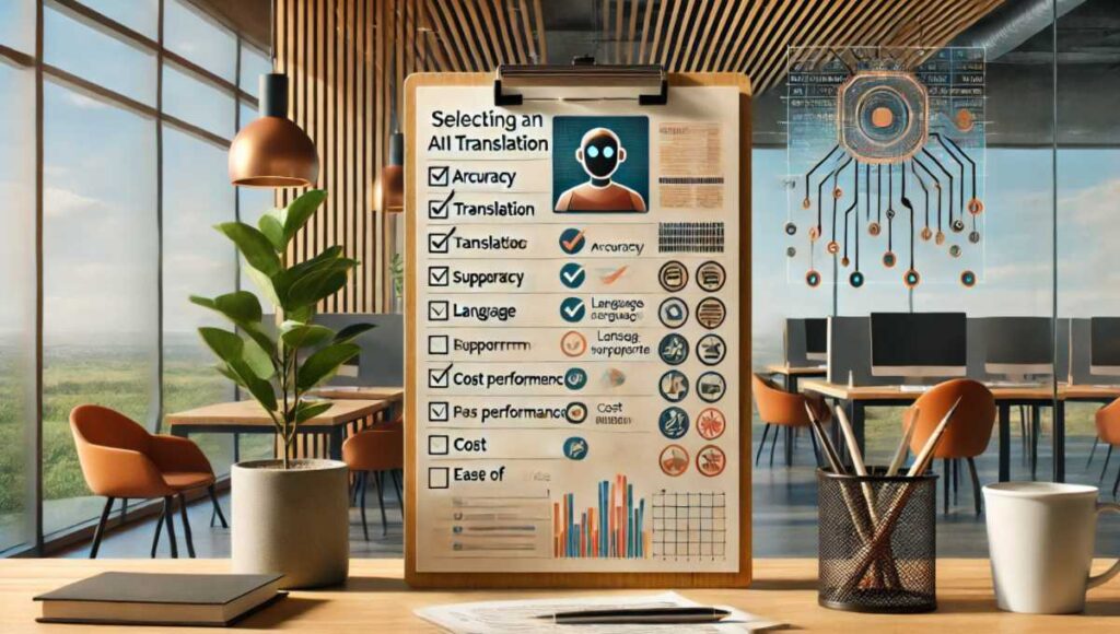 AI翻訳ツールを選ぶ際のチェックポイントを表示した画像。チェックリストには、翻訳精度、対応言語数、コストパフォーマンス、使いやすさなどの重要な要素が含まれている。