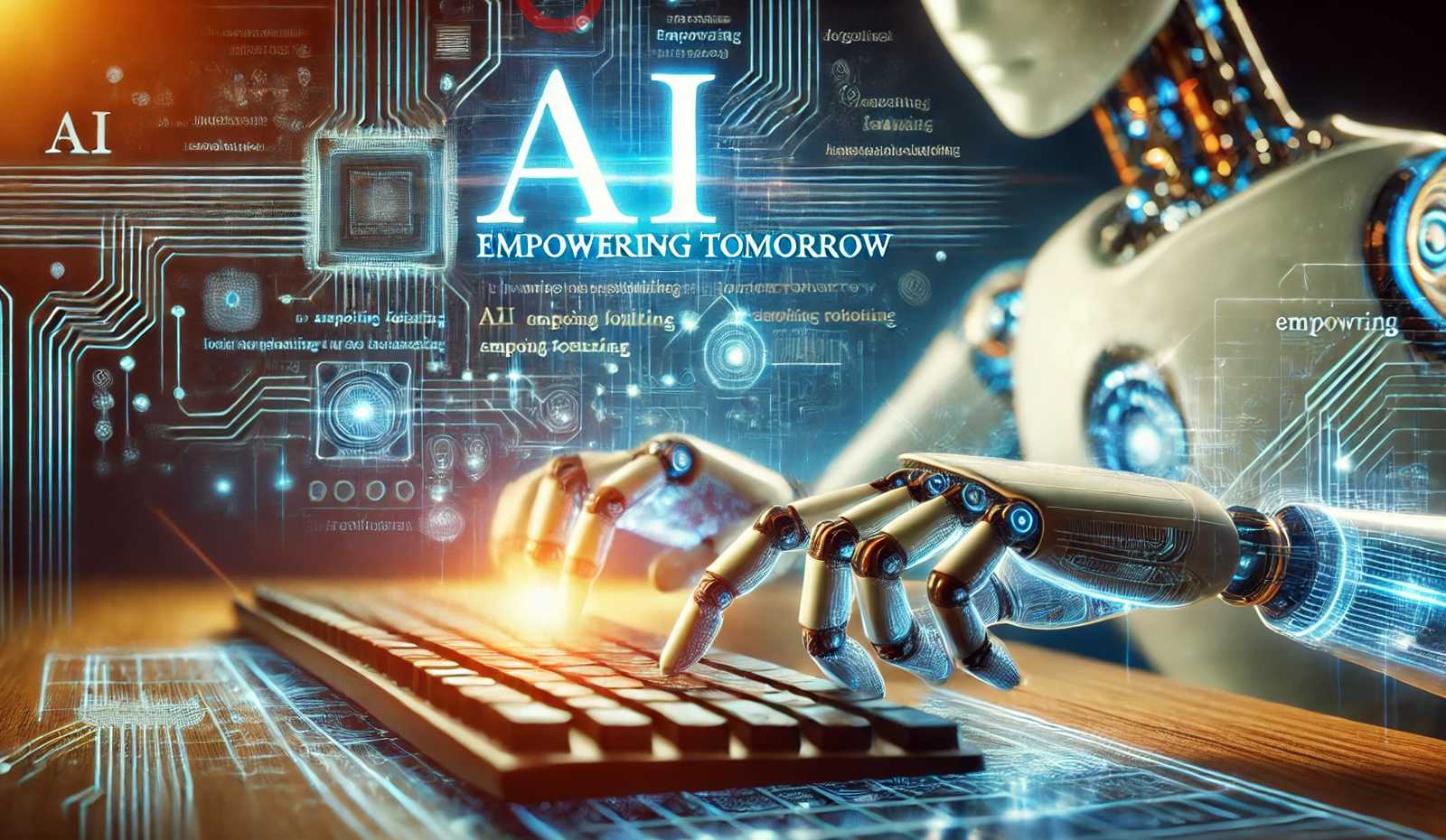 AIがキャッチコピーを作成しているイメージ。「AI: Empowering Tomorrow」の言葉が生成されている場面を、未来的なデザインで表現。AIが創造的なコンテンツを作り出す様子を視覚化したビジュアル