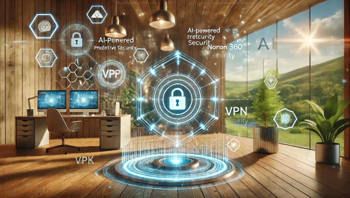 AIセキュリティ、ノートン360の予測型セキュリティ、そしてVPNのリモートワークにおけるセキュリティ強化を表現したビジュアル