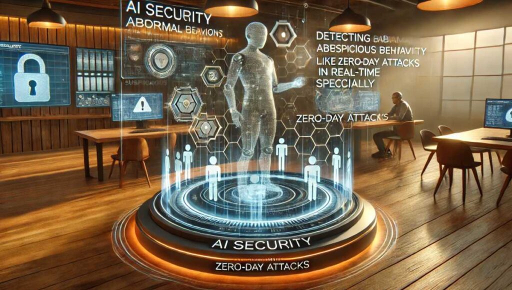 AIセキュリティがゼロデイ攻撃を防ぐために、異常な動作や不審な通信をリアルタイムで検出している未来的なシーン。