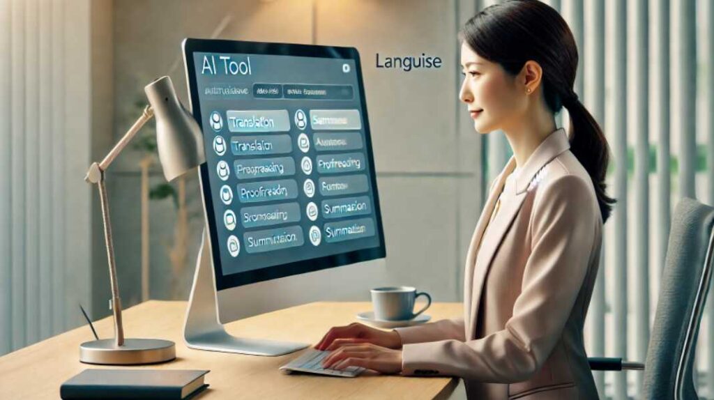 直感的なインターフェースのAIツール（Languise）を操作し、翻訳・校正・要約を簡単に行っている様子。