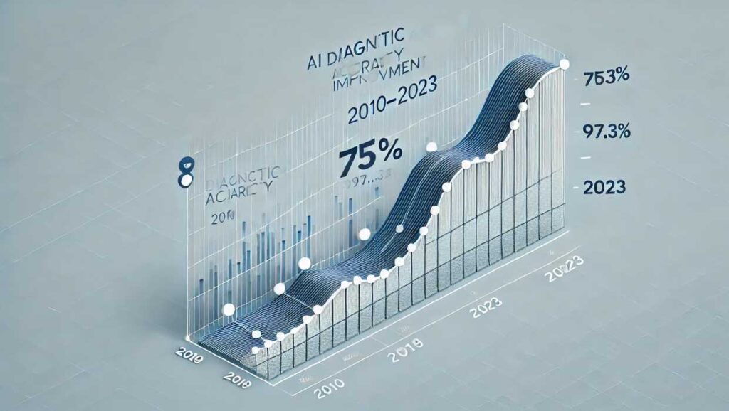 「AI診断精度の向上（2010年～2023年）」を示す。2010年に75%から始まり、2023年には97.3%に達する精度向上を視覚化。