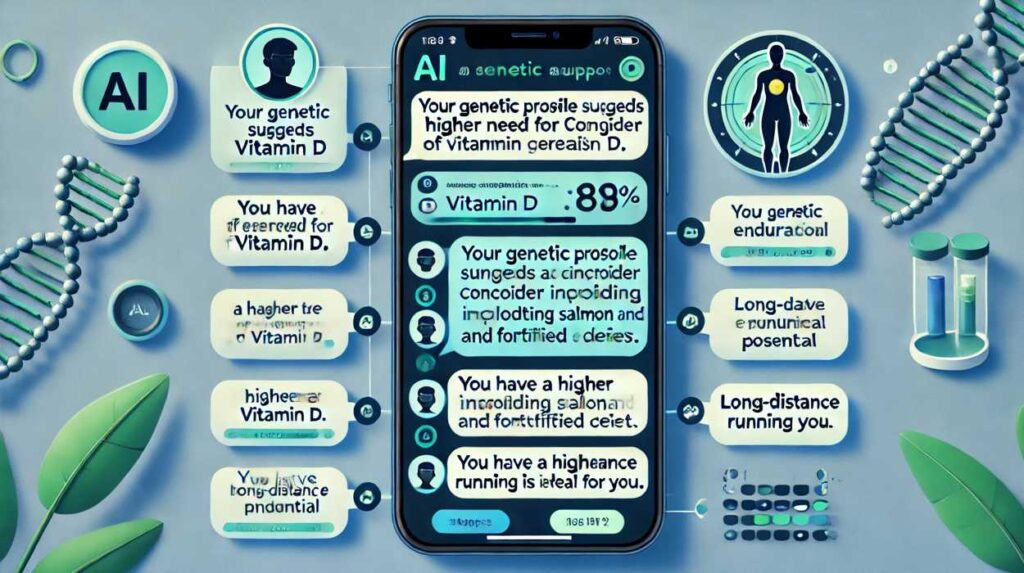 AIサポートのチャットシミュレーションイメージ。スマートフォン画面に表示された会話形式で、AIが「ビタミンDの必要性」や「運動の提案」など、遺伝子解析結果に基づいた個別アドバイスを提供する様子を描いています。青と緑のトーンで信頼性と健康を表現したデザイン。