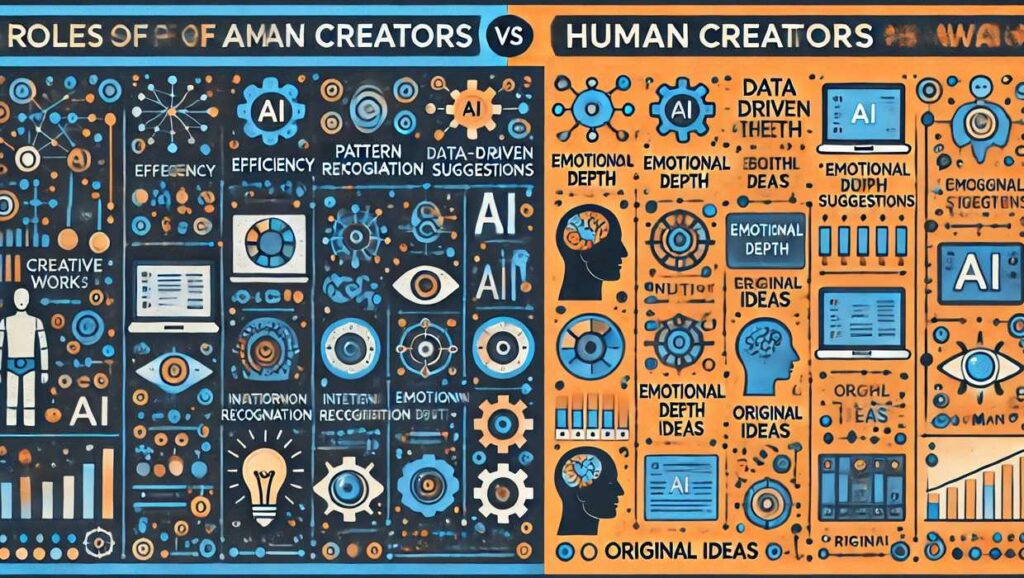 AIと人間クリエイターの役割を比較した横長の対比図。AI側は「効率性」「パターン認識」「データに基づく提案」を示し、人間クリエイター側は「直感」「感情的な深み」「独創的なアイデア」を強調。