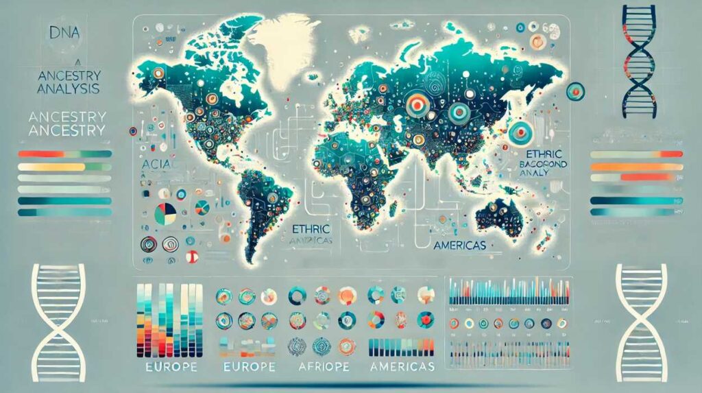 祖先と民族解析を示す地図イラスト。アジア、ヨーロッパ、アフリカ、アメリカなどの地域が異なる色でハイライトされ、遺伝的背景の割合を視覚化。DNA、文化的シンボル、家系図アイコンが配置されている。