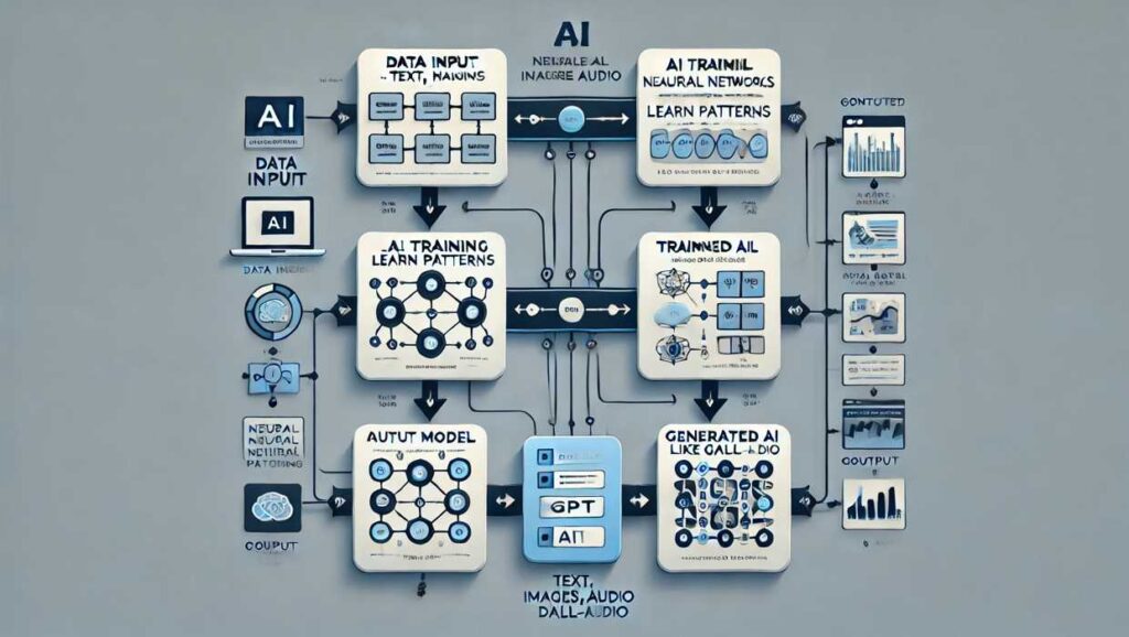 フローチャートで、生成系AIの仕組みを説明。データ入力、AI学習、モデル構築、出力生成の各プロセスを示しています。