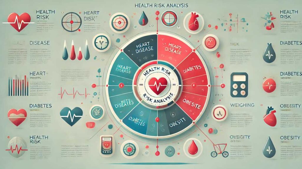 健康リスク解析を視覚化したイラスト。心疾患、糖尿病、肥満などのリスクが円形チャートで表示され、各リスクは異なる色で分かりやすくラベル付けされています。心臓、血糖値モニター、体重計のアイコンが周囲に配置されています。