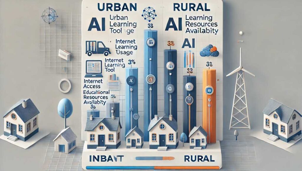 都市部と農村部における教育格差を比較。インターネットアクセス、AI学習ツール利用、教育リソースの利用可能性がカテゴリ別に表示。都市部の棒は高く、農村部の棒は低い割合を示す。