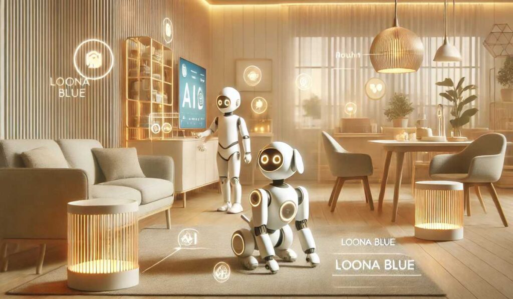 未来の家庭でLoona Blue風のロボット犬が子供と遊んでいる様子。明るいリビングには先進的なテクノロジーが溶け込んでいる