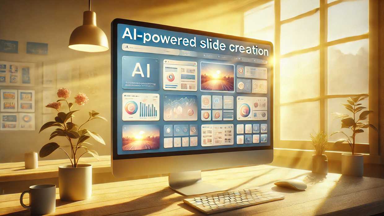 AIによるスライド作成ツールが表示されたパソコン画面。日本の朝日が差し込み、明るい未来を感じさせるデザイン。