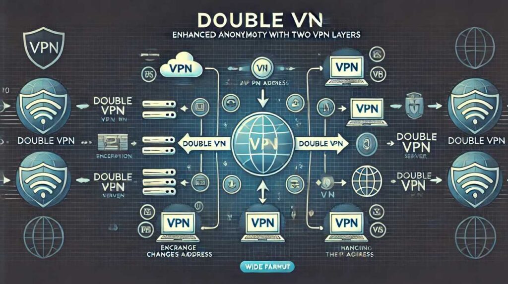 ダブルVPNの仕組みを示す図解。インターネット通信が2つのVPNサーバーを経由し、IPアドレスが2回変更されることで匿名性とセキュリティを強化する様子を視覚的に説明。