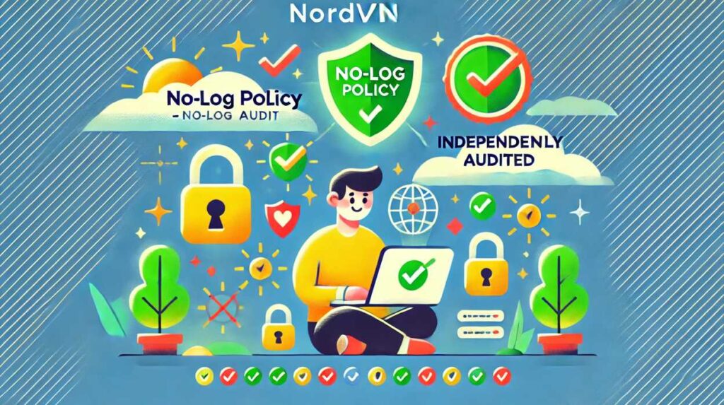 NordVPNのノーログポリシーを説明するイラスト。スカイブルーの背景に、赤、緑、黄色のアクセントが加えられたキャラクターとアイコンで、セキュリティと信頼性を表現している。