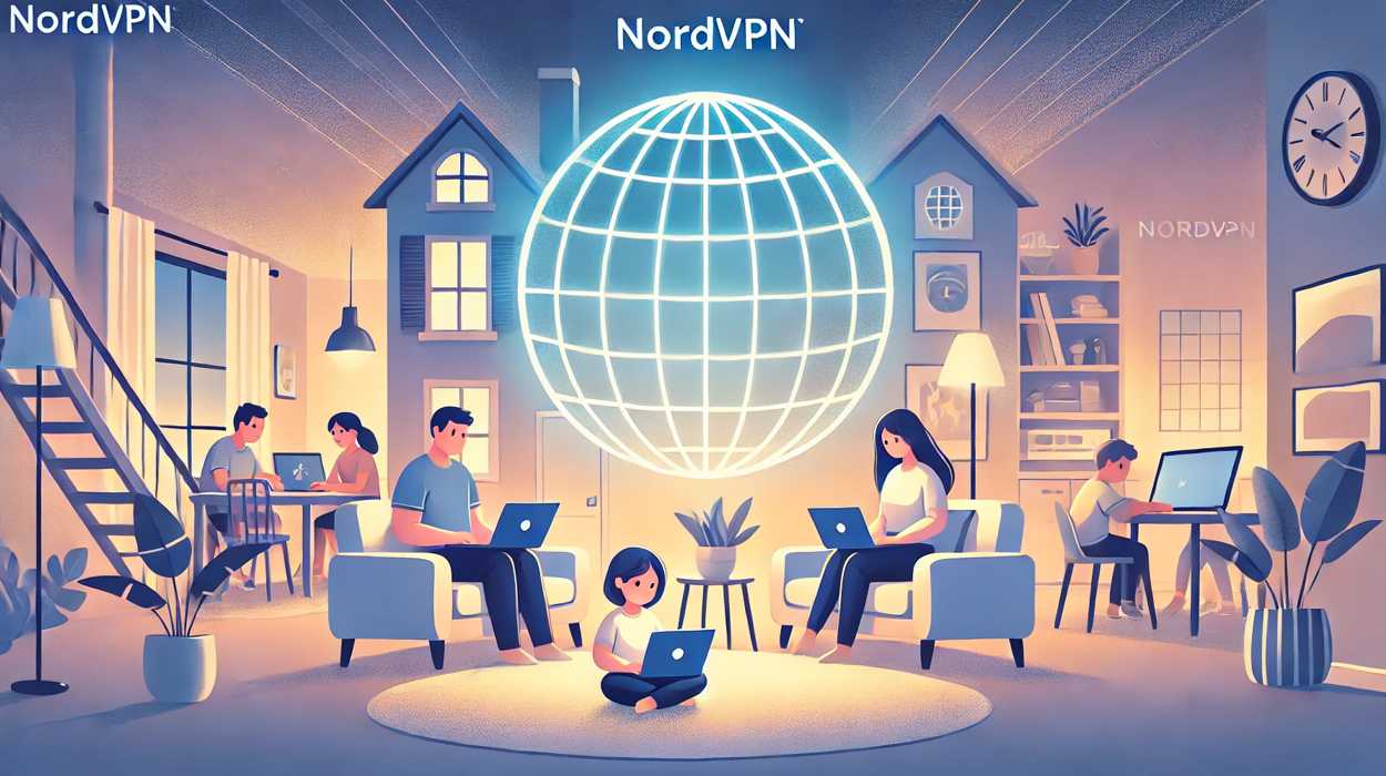 NordVPNによるプライバシー保護と安全なインターネット環境を表現したイラスト。自宅の中で家族がノートパソコンやスマートフォンを使い、中央の光る地球がセキュアなグローバルネットワークを象徴。