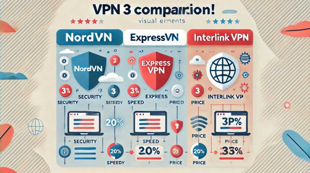 NordVPN、ExpressVPN、Interlink VPNの3社を比較するインフォグラフィック。セキュリティ、速度、価格をアイコンで分かりやすく表現。