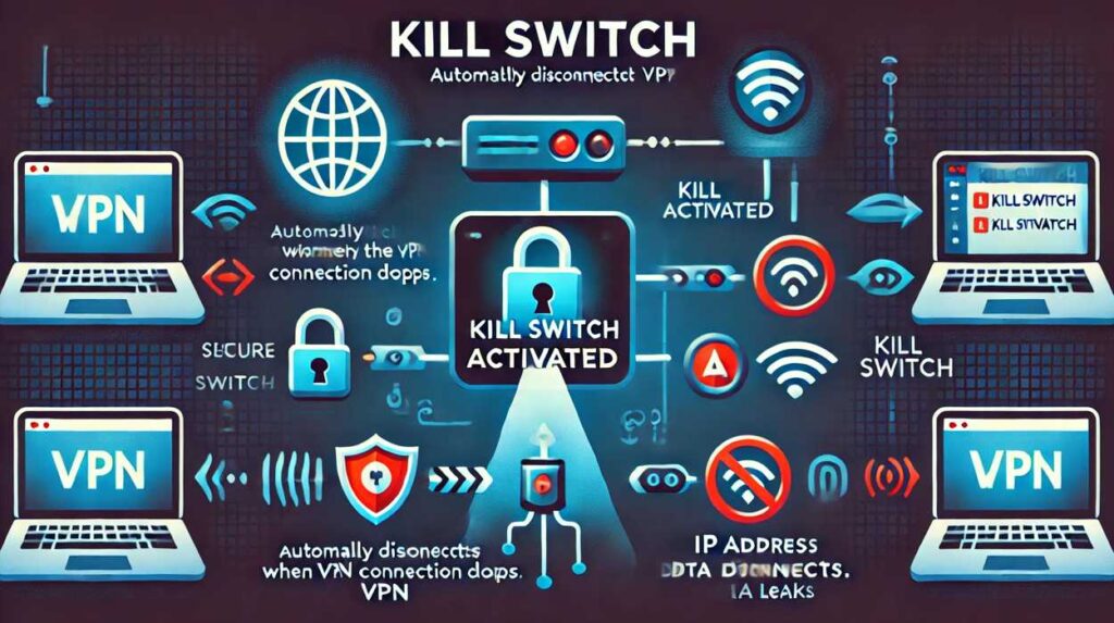 VPNのキルスイッチ機能を示す図解。VPN接続が切断された際に、自動的にインターネット接続を遮断し、IPアドレスや通信データの漏洩を防ぐ仕組みを視覚的に説明。