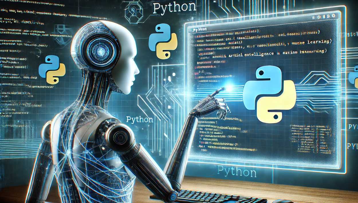 AIロボットがPythonコードを操作する未来的なプログラミング風景