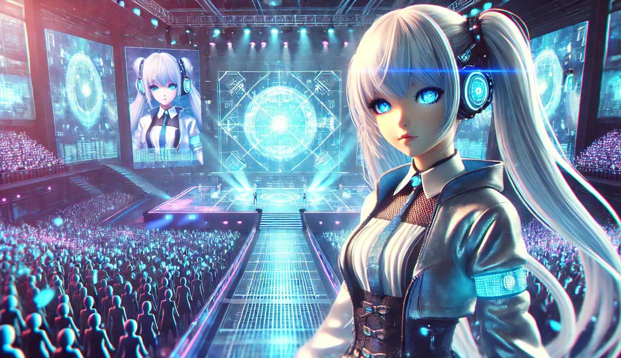 未来的なコンサートステージで歌う女性型アンドロイド・UH（オート）。ネオンブルーと紫の光に包まれ、観客の前で堂々とパフォーマンスをしている。