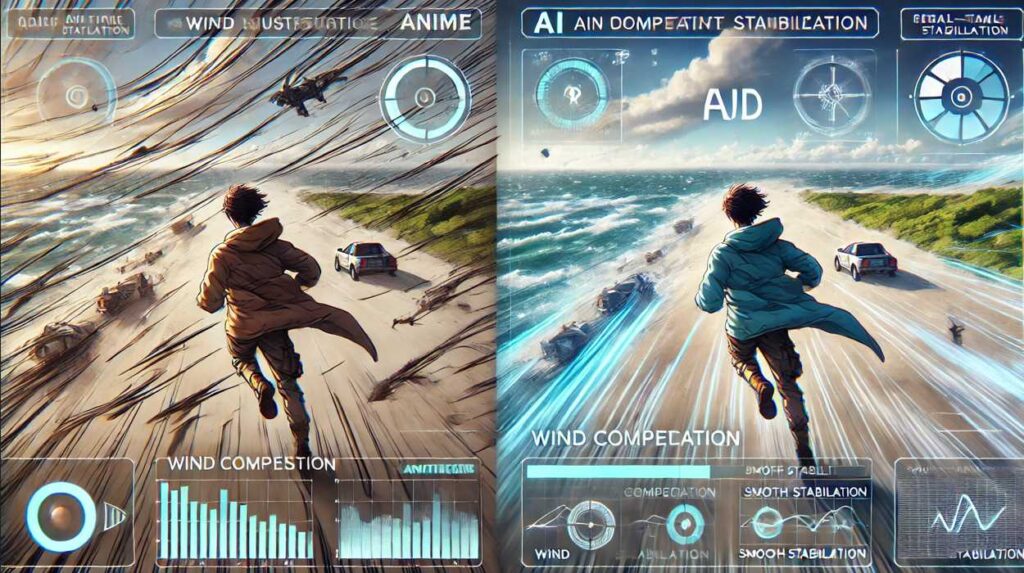 強風下で走る人物の映像比較。左側はブレて不安定な映像、右側はAIによる手ブレ補正で滑らかな映像。HUD風インターフェースがリアルタイムでのAI補正を強調。