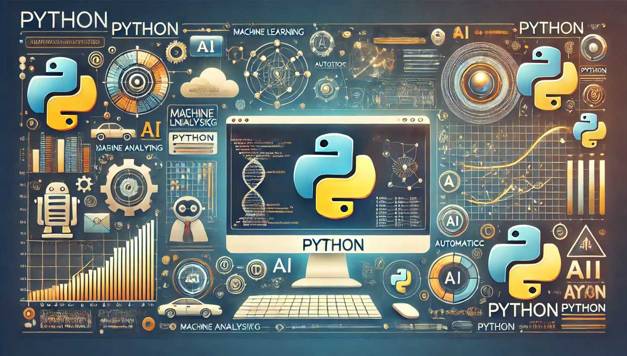 Pythonコードとデータ分析の画面、AIモデルの開発を示す未来的なイメージ